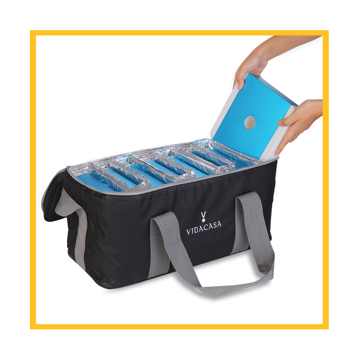 B28 Elements carrier conveys cooling performance protection and convenience when transporting Vidacasa® C1 freeze packs.  Its insulated inner slot stores eight pieces firmly at transport.  Its unique multi-layer insulation helps keep C1 freeze packs solid for hours on the road.  As tested, the B28 carrier's multi-layers protective insulation is 300% more efficient than conventional cooler bags.