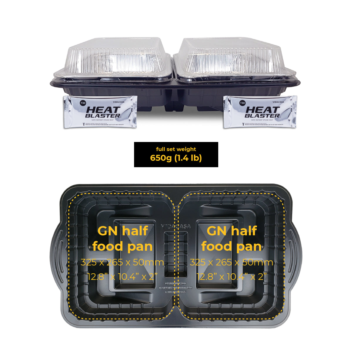 Vidacasa® latest redesign lightweight sturdy economical gastronorm sizing flameless buffet warming equipment.  Quick water activation with T30 Heat Blaster brings moist heat temperature 80ºC (146ºF) for 45 mins.