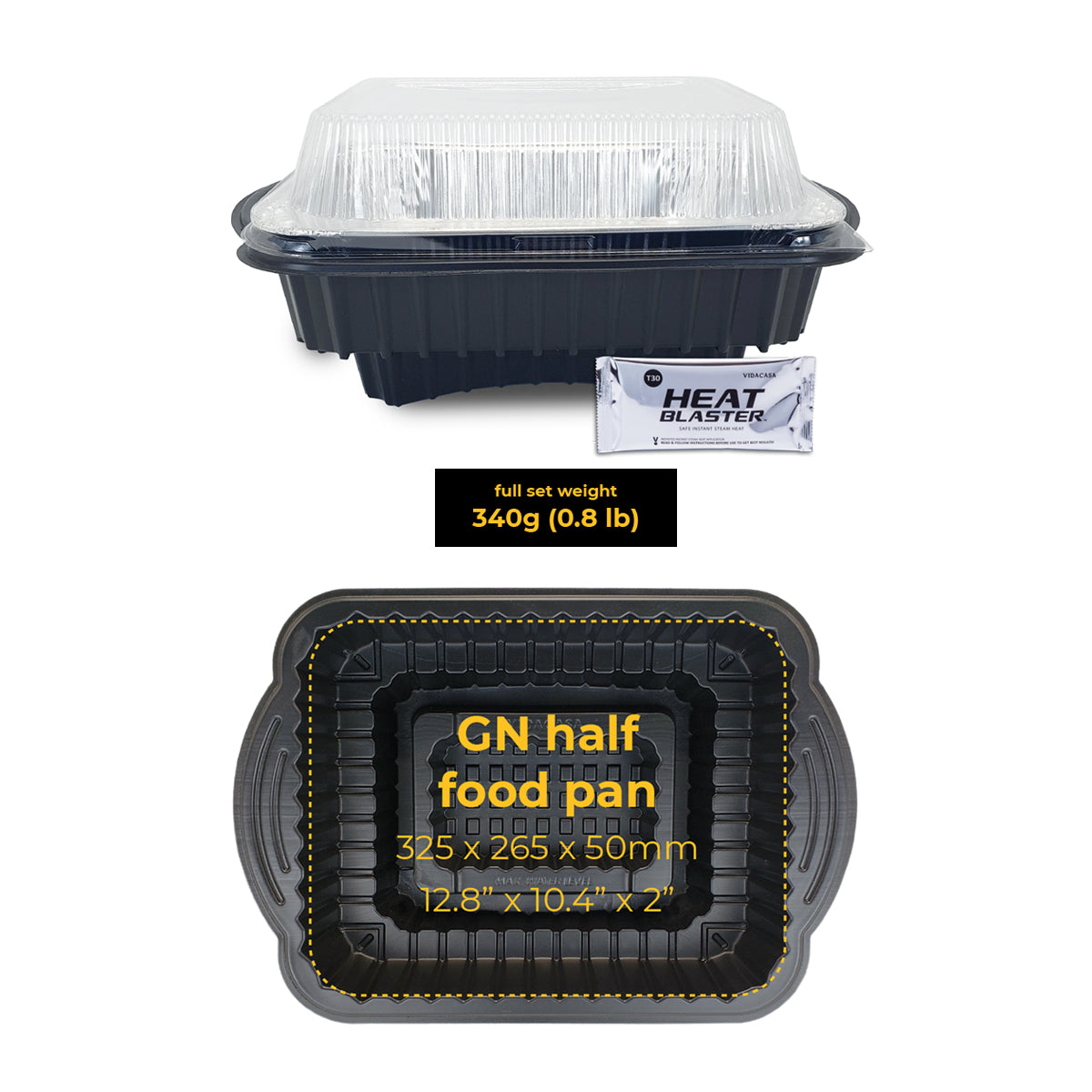 Vidacasa® latest redesign lightweight sturdy economical gastronorm sizing flameless buffet warming equipment.  Quick water activation with T30 Heat Blaster brings moist heat temperature 80ºC (146ºF) for 45 mins.