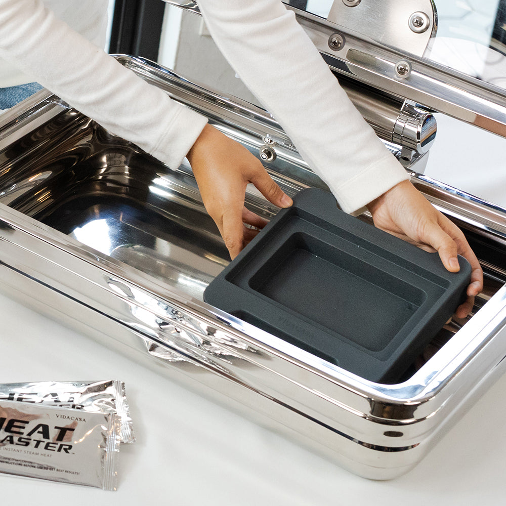 Vidacasa® Heat blaster tray is a handy heat guard when using Heat Blasters.  For corded or fuel buffet chafer equipments, it's easy to convert them to cordless buffet equipment with Heat blaster tray and Heat blaster packs.  No extra tools or adjustments.