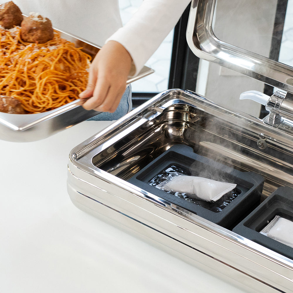 Vidacasa® Heat blaster tray is a handy heat guard when using Heat Blasters.  For corded or fuel buffet chafer equipments, it's easy to convert them to cordless buffet equipment with Heat blaster tray and Heat blaster packs.  No extra tools or adjustments.