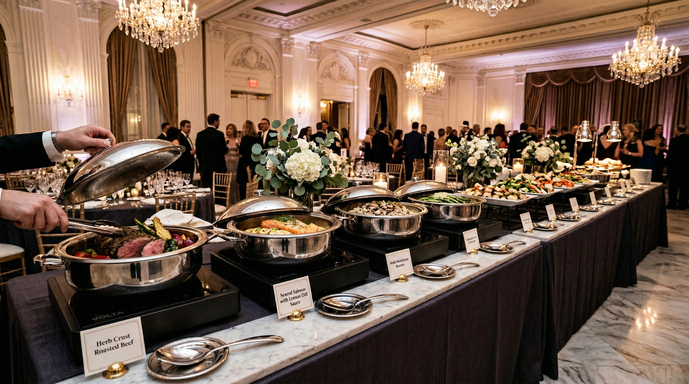 Luxury hotel grand ballroom buffet with VIDACASA cordless warmers — no flames, no cords